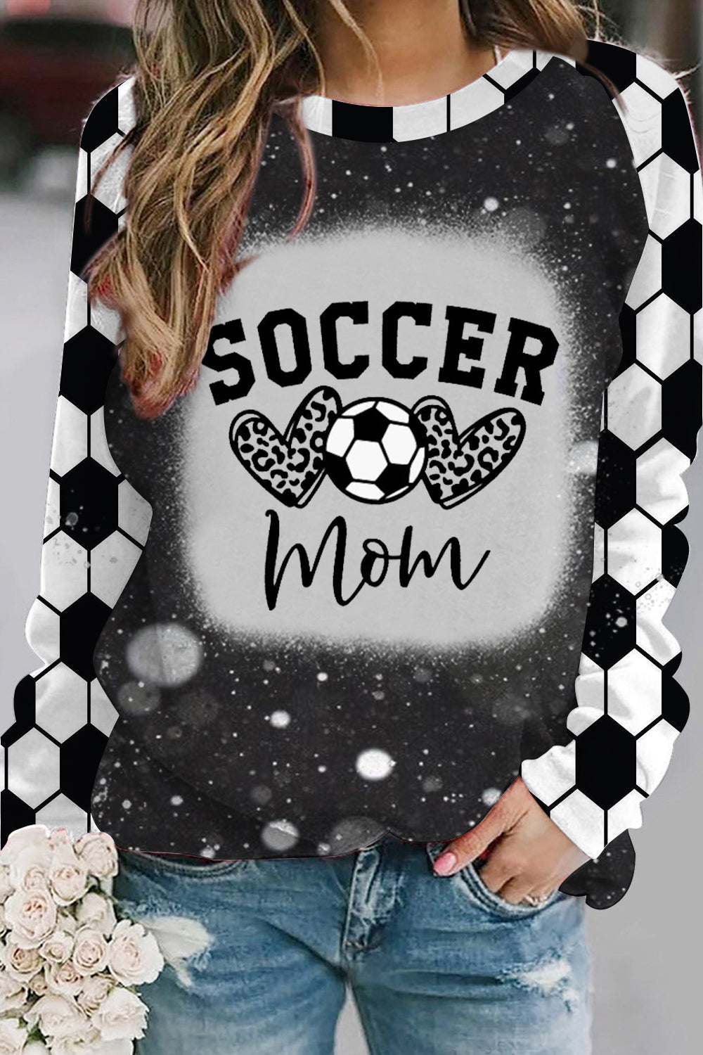 Soccer Mom Leopard Heart Print Bleached Sweatshirt