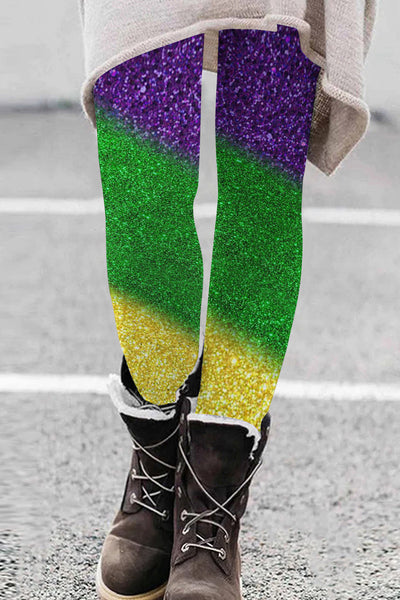 Vintage Mardi Gras Carnival Purple Green And Gold Splash Color Block Print Leggings