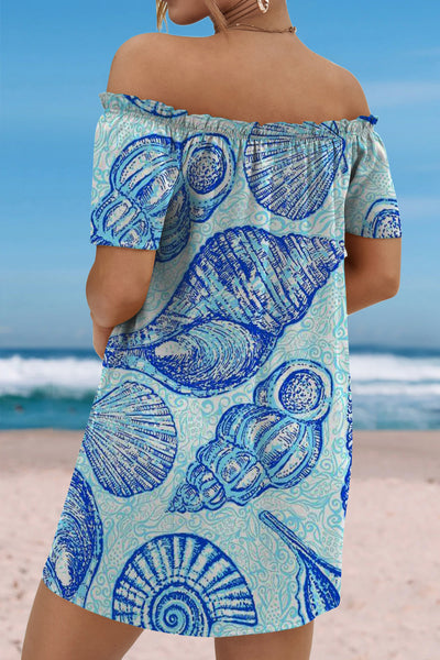 Beach Texture Jellyfish Pattern Ruffled Boat Neck Strapless Dress