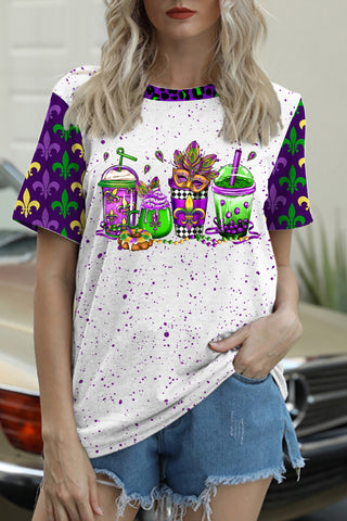 Mardi Gras Coffee Cups Mask King Cake Fleur De Lis Leopard Polka Print T-Shirt