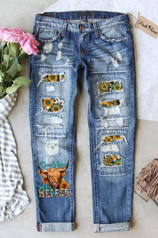 Don't Be A Salty Heifer Long Haired Cow Western Leopard Sunflower Turquoise Print Ripped Denim Jeans