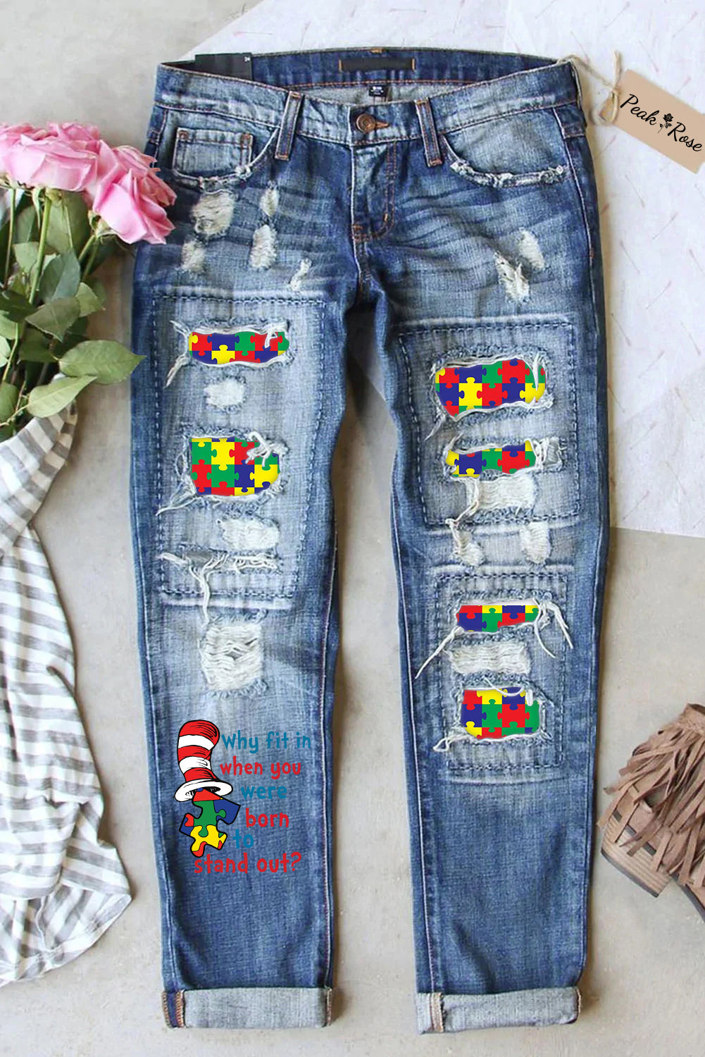 Why Fit In When You Were Born To Stand Out Print Ripped Denim Jeans