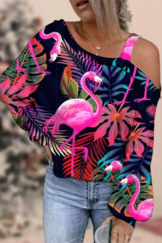 Flamingo Print Off-shoulder Blouse