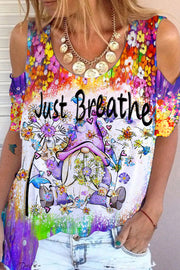 Trendy Oil Painting Vintage Flowers & Dandelion Gnomes Just Breathe Cold Shoulder T-Shirt