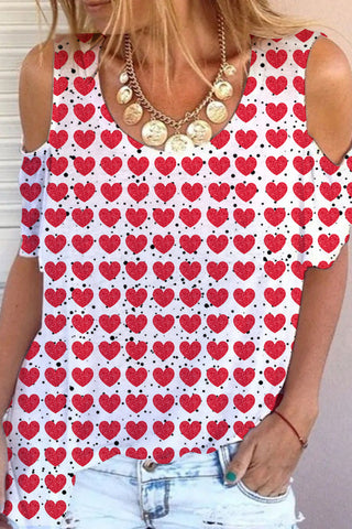 Red Heart Print Cold Shoulder T-Shirt