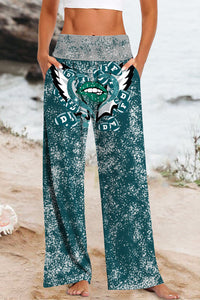 Green And Gray Team Colors Love Lips And Wings Football Print High Waisted Baggy Pants with Pockets
