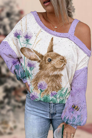 Cute Easter Bunny In The Purple Flowers Printed Off-Shoulder Blouse