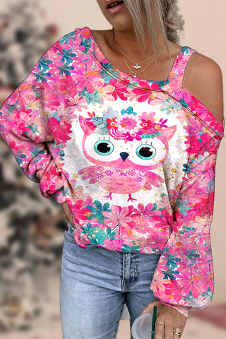 Cute Pink Floral Owl Print Off-shoulder Blouse