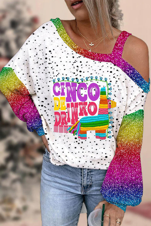 Cinco De Drinko Horse Mexican Festival Printed Off-Shoulder Blouse