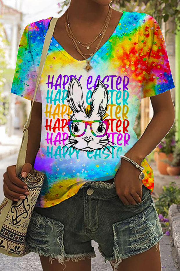 Happy Easter Rainbow Bunny With Glasses Bleached Print V Neck T-shirt