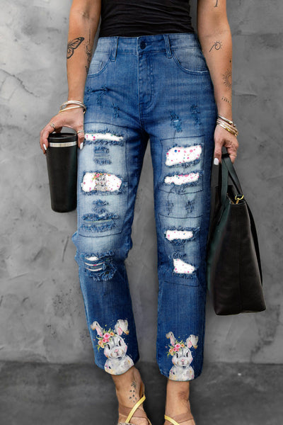 Bunny Rabbit Wearing Spring Flower Wreath  Multicolor Ink Dots Printed Casual Ripped Denim Jeans