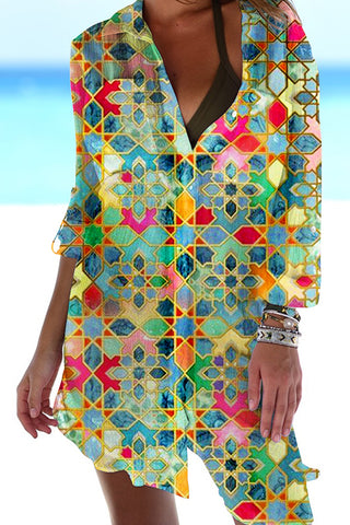 Stained Glass Vintage Geometric Continuous Pattern Patch Front Pockets Shirt