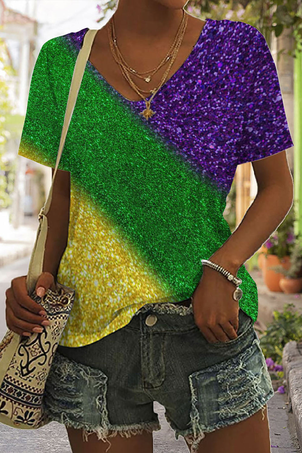 Retro Glitter Gradient Mardi Gras Carnival Print V Neck Short Sleeve T-shirt
