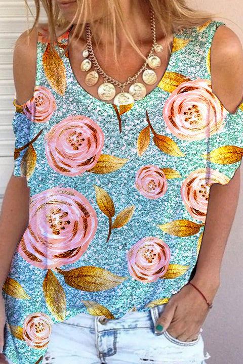 Glitter Roses Floral Print Cold Shoulder T-Shirt