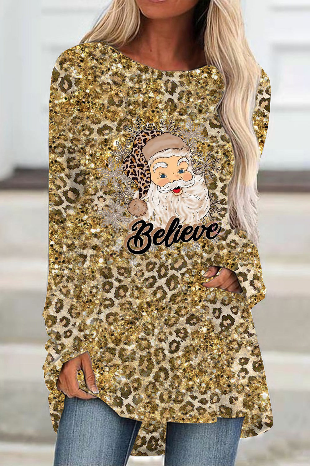 Glitter Christmas Believe Santa Print Tunic