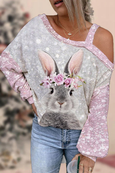 Glitter Cute Easter Bunny With Pink Wreath Printed Off-Shoulder Blouse
