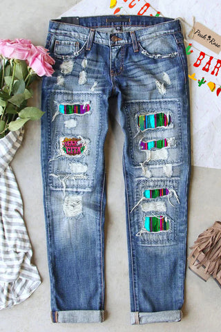 Mama Cita Cactus Serape Mexican Cinco De Mayo Printed Ripped Denim Jeans