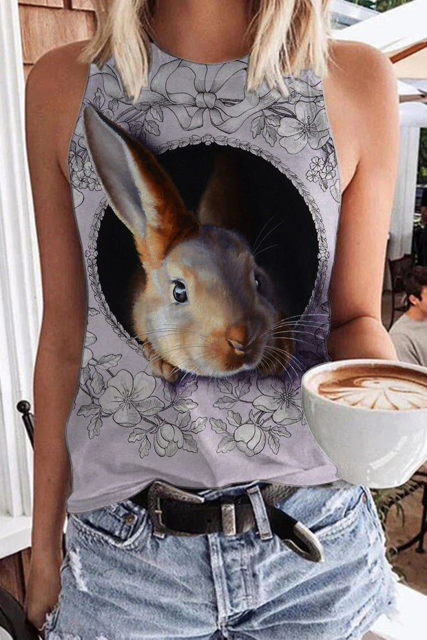 Purple Vintage  Flowers Easter 3D Cute Bunny Printed Tank