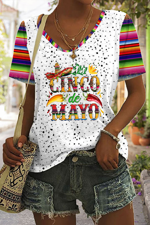 Cinco De Mayo With Sombrero Hat And Peppers Print V Neck T-shirt