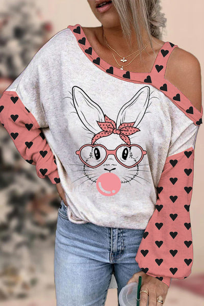 Pink Heart Polka Dots Cute Bunny Rabbit With Bandana Glasses Bubblegum Off-Shoulder Blouse
