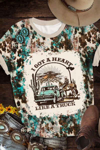 I Got A Heart Like A Truck Western Sunset Cowgirl Print Round Neck Short Sleeve T-shirt