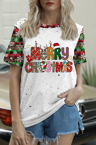 Merry Christmas Snowflake Plaid Leopard Print T-Shirt