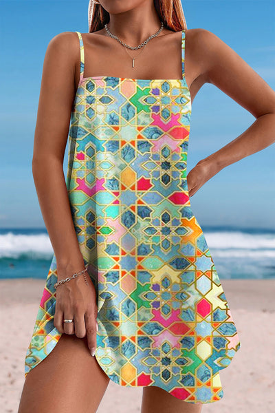 Stained Glass Vintage Geometric Continuous Pattern Cami Dress