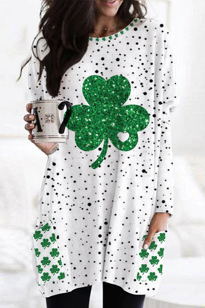 Glitter Lucky Clover St. Patrick's Day Polka Dots Print Tunic With Pockets