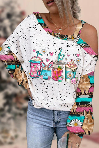 Easter Bunny Coffee Ice Cream Cups With Daisies Western Rhinestone Polka Dots Off-Shoulder Blouse