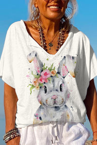 Bunny Rabbit Wearing Spring Flower Wreath  Multicolor Ink Dots Printed Casual Dolman Sleeves Tee