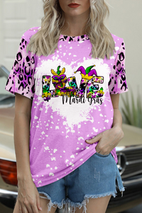 Happy Mardi Gras Love Printed Round Neck Short Sleeve T-shirt