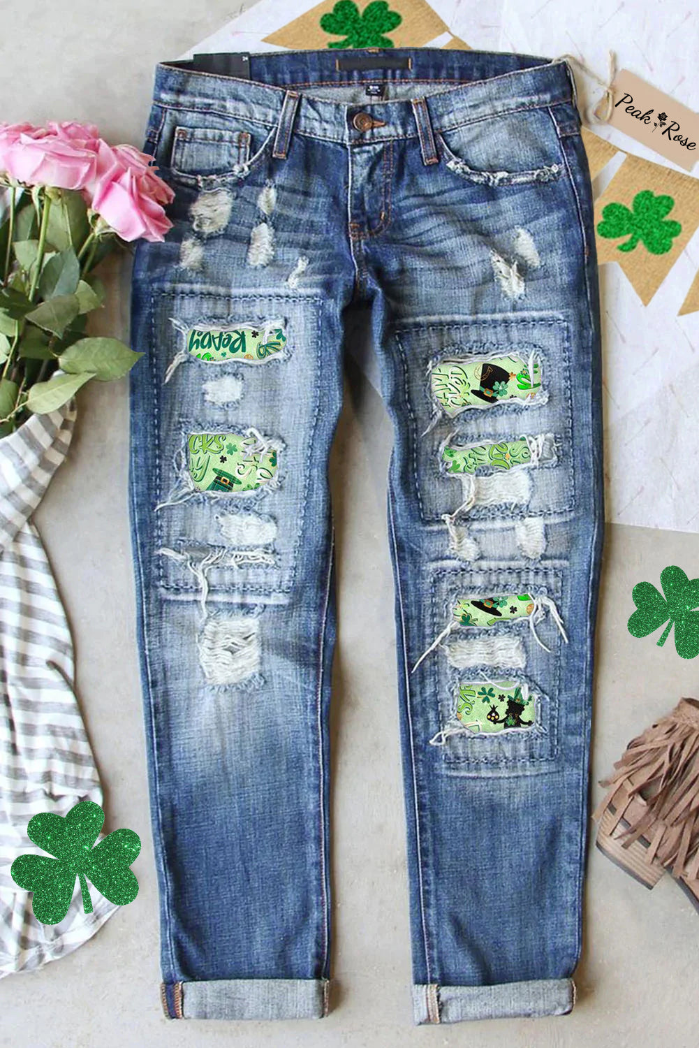 Pinch Me I'll Punch You St.Patrick's Day Shamrocked Light Green Ripped Jeans