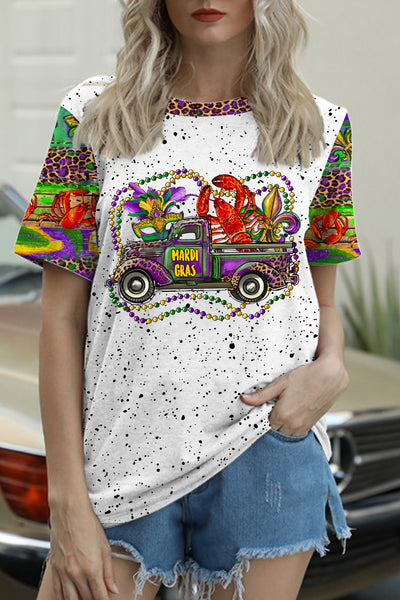 Mardi Gras Truck With Mask Fleur De Lis And Crawfish Western Leopard Print T-Shirt