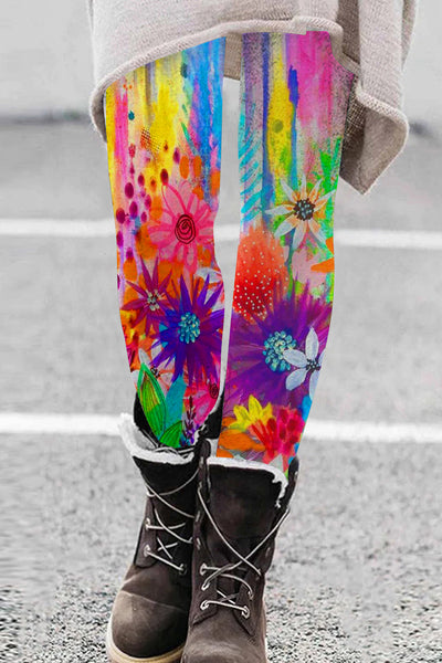 Trendy Oil Painting Vintage Rainbow Flowers & Dandelions Inspirational Leggings