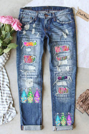 Trendy Oil Painting Vintage Rainbow Flowers & Three Gnome Dandelions Denim Jeans