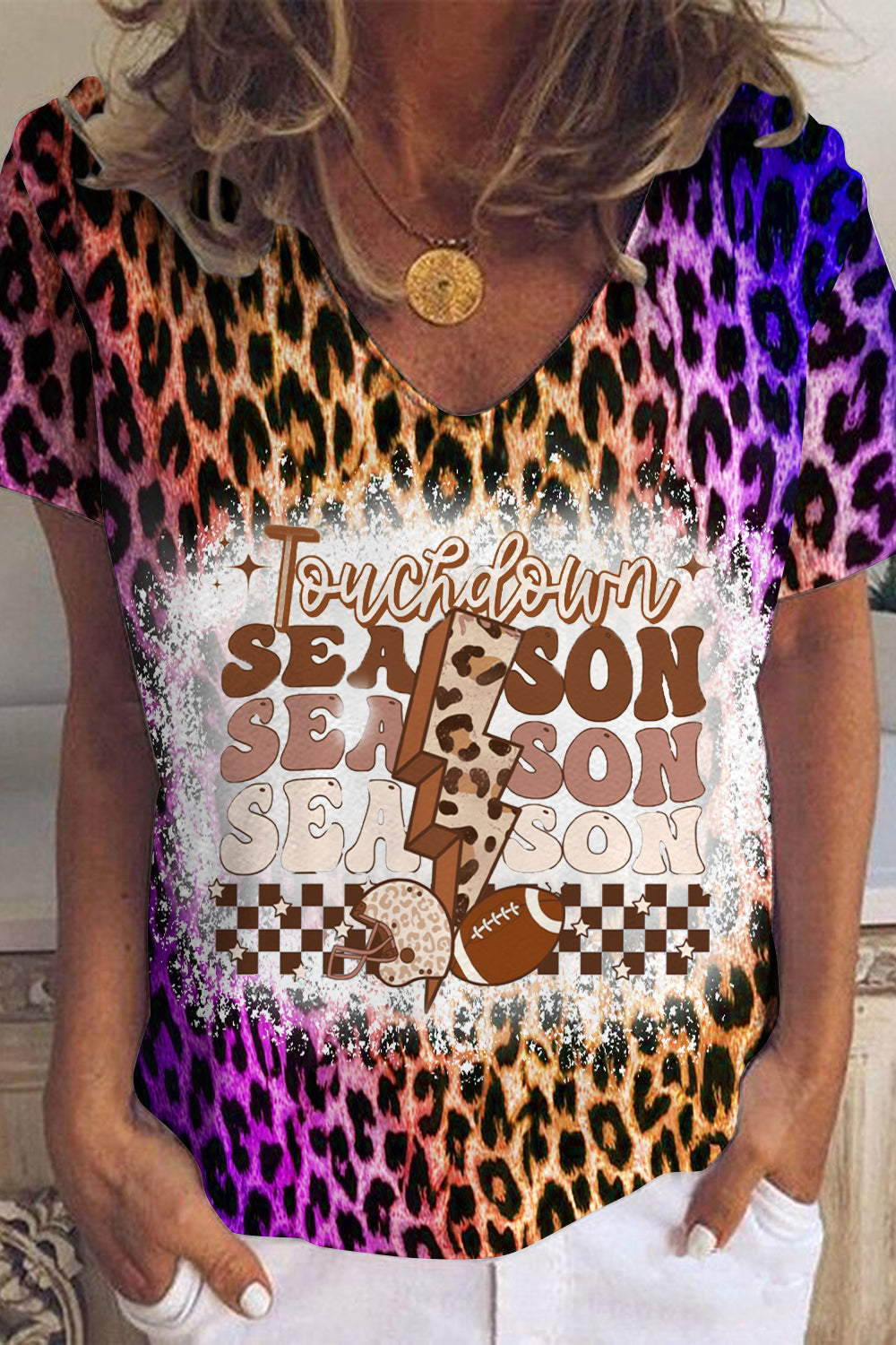 Tie Dye Gradient Leopard Football Touchdown Season V Neck T-Shirt