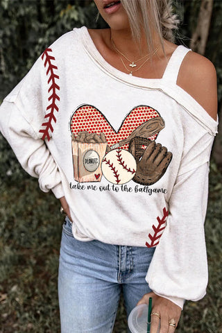 Take Me Out To The Ballgame  Baseball Printed Off-Shoulder Blouse