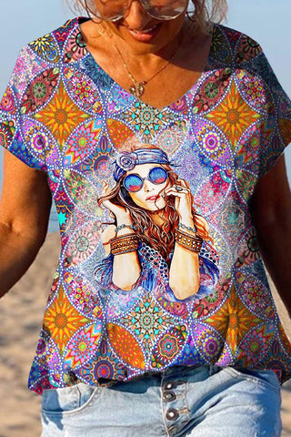 Retro Hippie Girl Boho Bohemia Pattern V-neck T-shirt