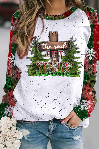 The Real Gift is Jesus Leopard Snowflake Print Sweatshirt