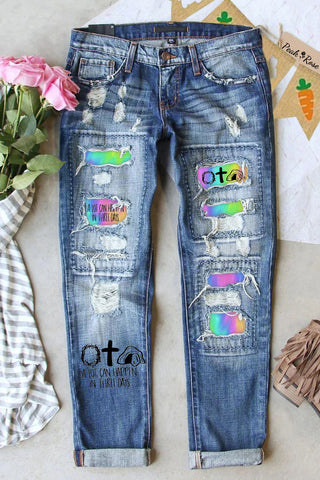 A Lot Can Happen In Three Days Easter Bunny Printed Tie-Dye Ripped Denim Jeans