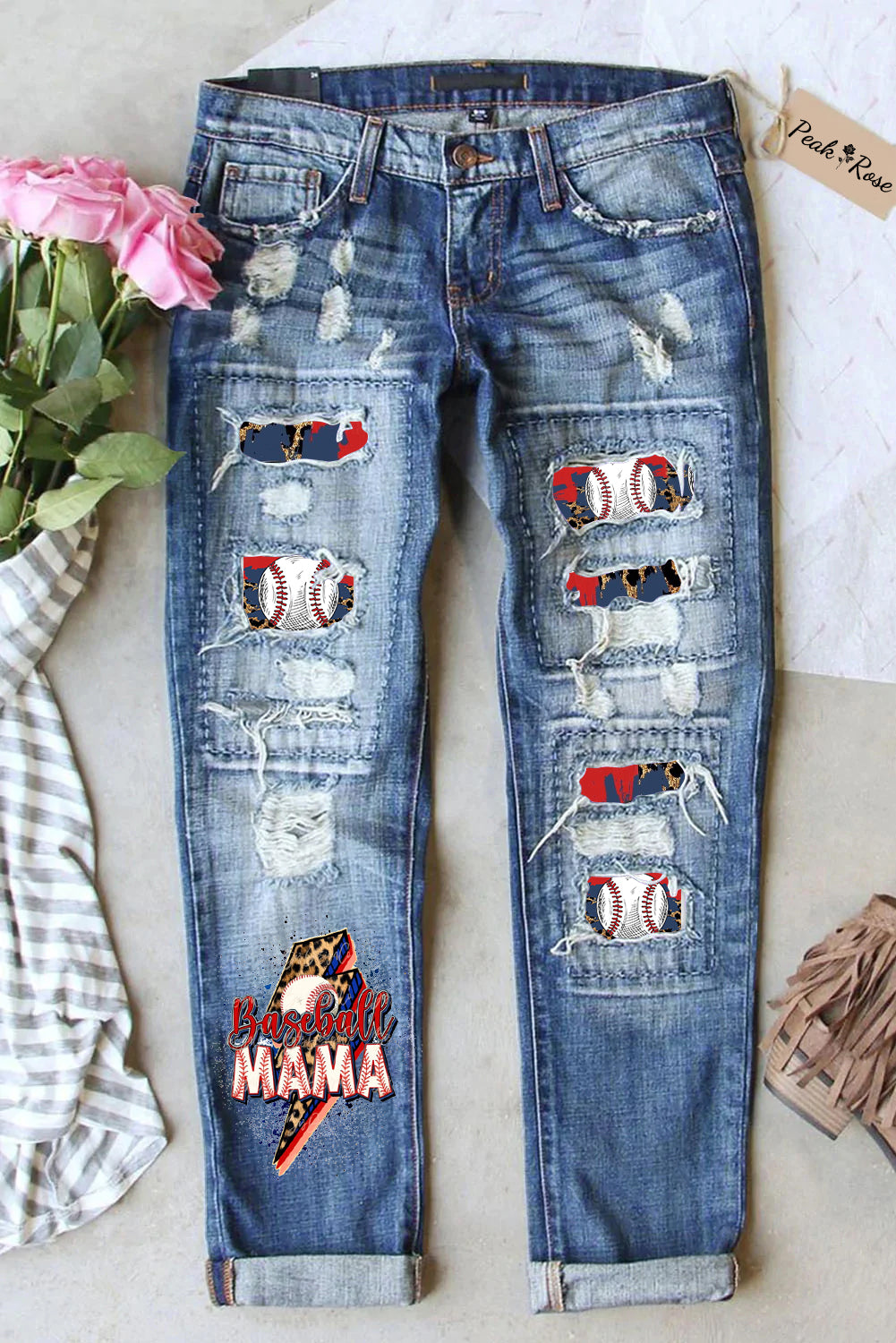 Baseball MAMA Leopard Lightning Bolt Casual Printed Ripped Denim Jeans