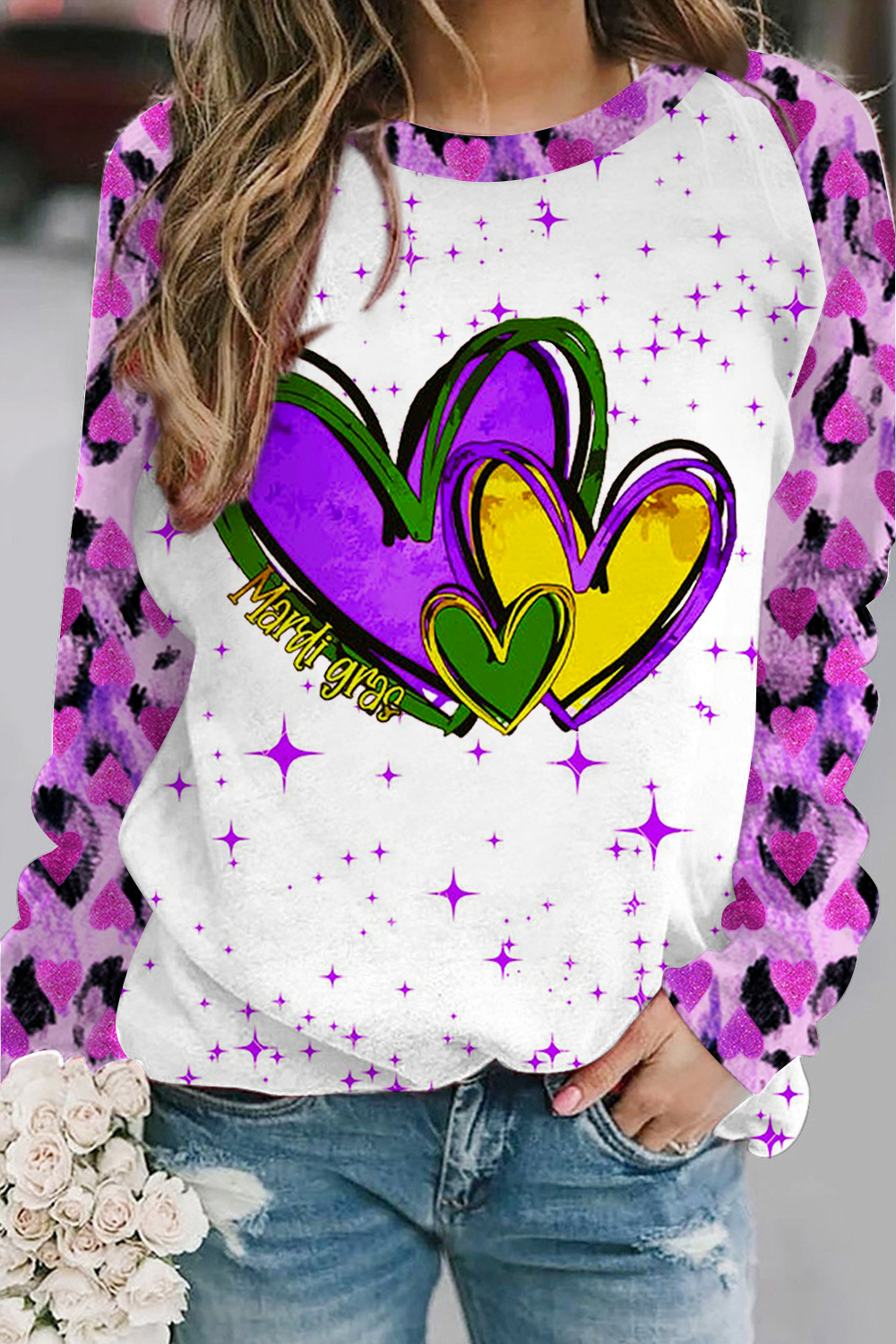 Happy Mardi Gras Heart Printed Sweatshirt