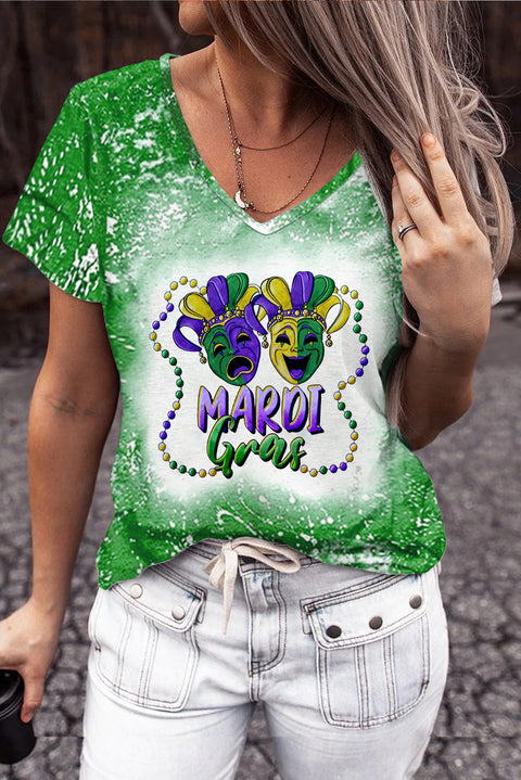 Casual Mardi Gras Mask With Beads Print Bleached Outside T-shirt