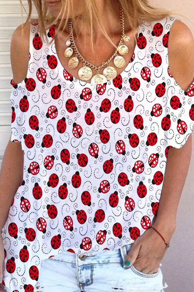 Little Red Ladybugs Cold Shoulder T-Shirt