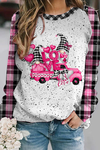 Gnomes Love Truck Heart-Shaped Balloons Plaid Polka Print Sweatshirt