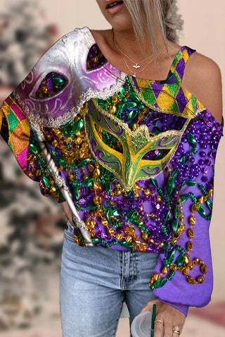Mardi Gras Sequin Mask With Colored Beads Off-Shoulder Blouse