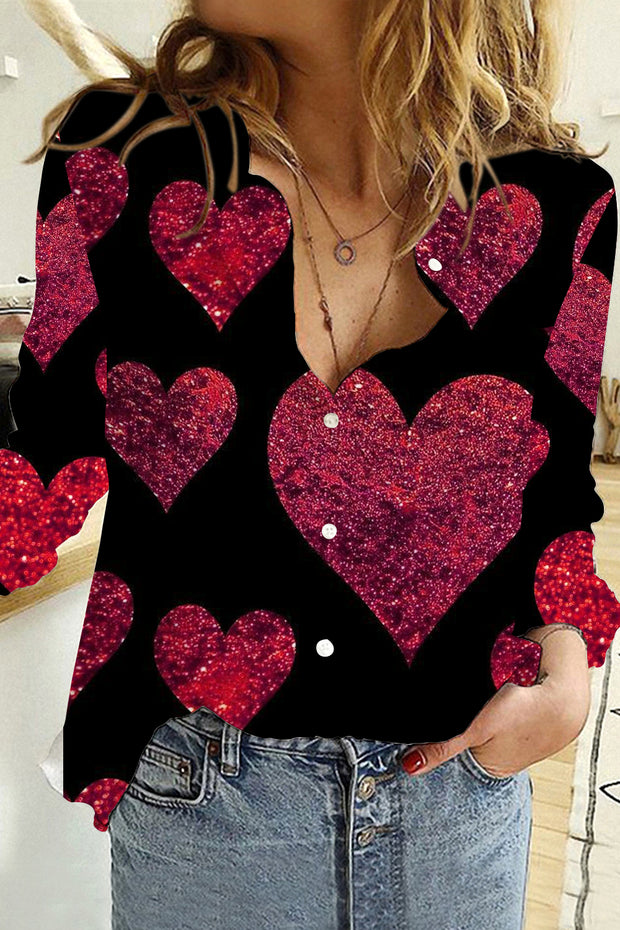 Glitter Red Heart Sparkles Print Long Sleeve Shirt