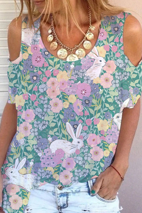 Green Cute Easter Bunny With Spring Floral Printed Cold Shoulder T-Shirt