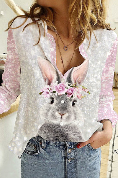 Glitter Cute Easter Bunny With Pink Wreath Printed Long Sleeve Shirt