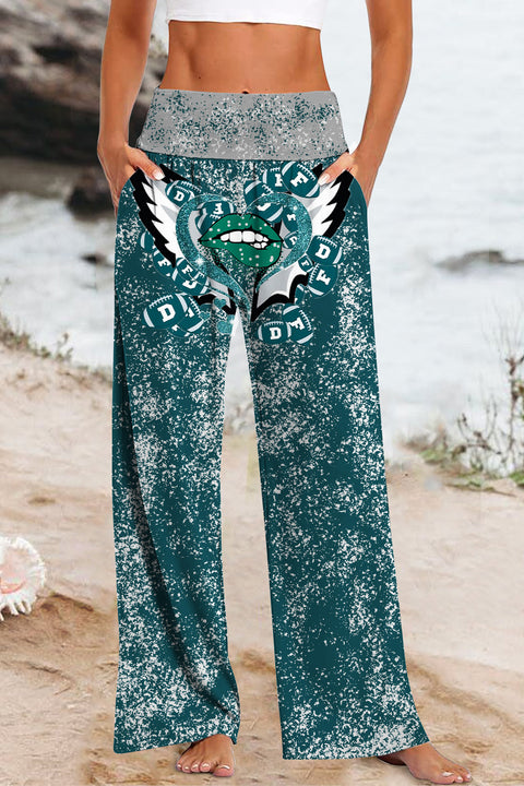 Green And Gray Team Colors Love Lips And Wings Football Print High Waisted Baggy Pants with Pockets